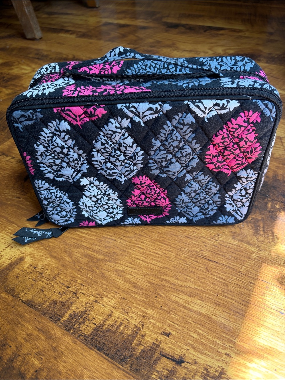 Vera Bradley Black Cosmetic Case with Pink & Gray Leaf Medallions